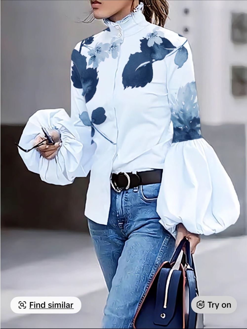 Ruffled High-Neck Balloon Sleeve Blouse in White with Blue Floral